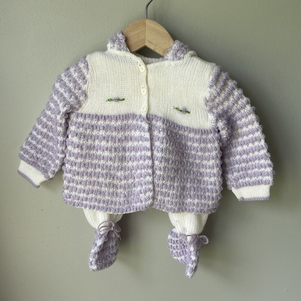 Vintage Baby Girl‎ Outfit Set 9 Months Knitted Purple Embroidered Sweater Set